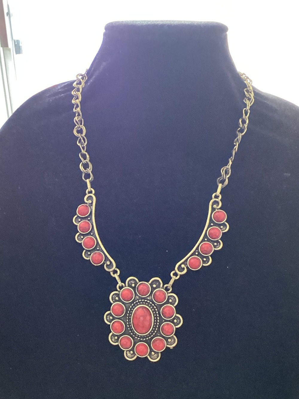 Brass Tone Red Stone Statement Necklace